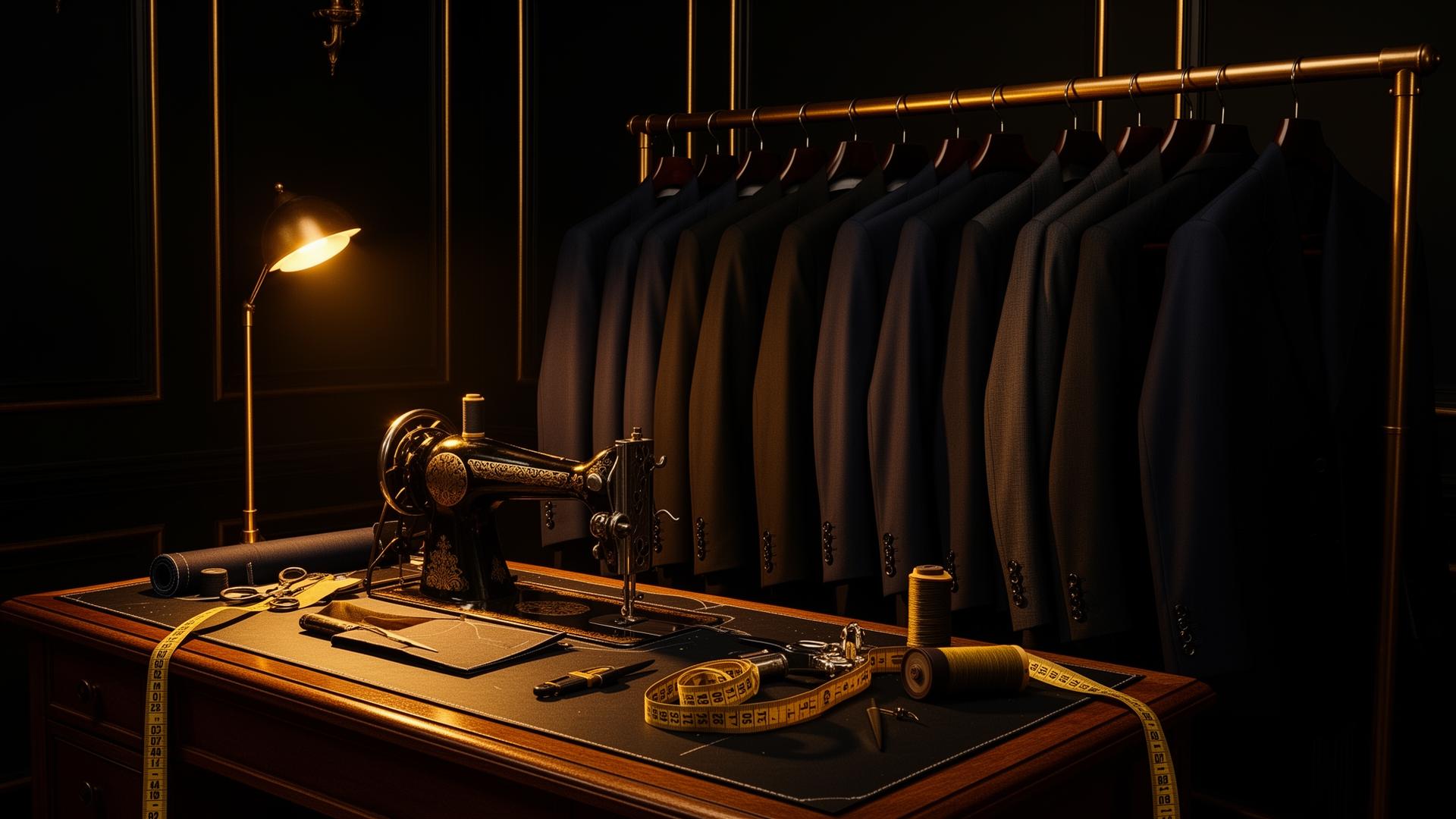 Luxury bespoke tailor workshop with premium suits and sewing machine